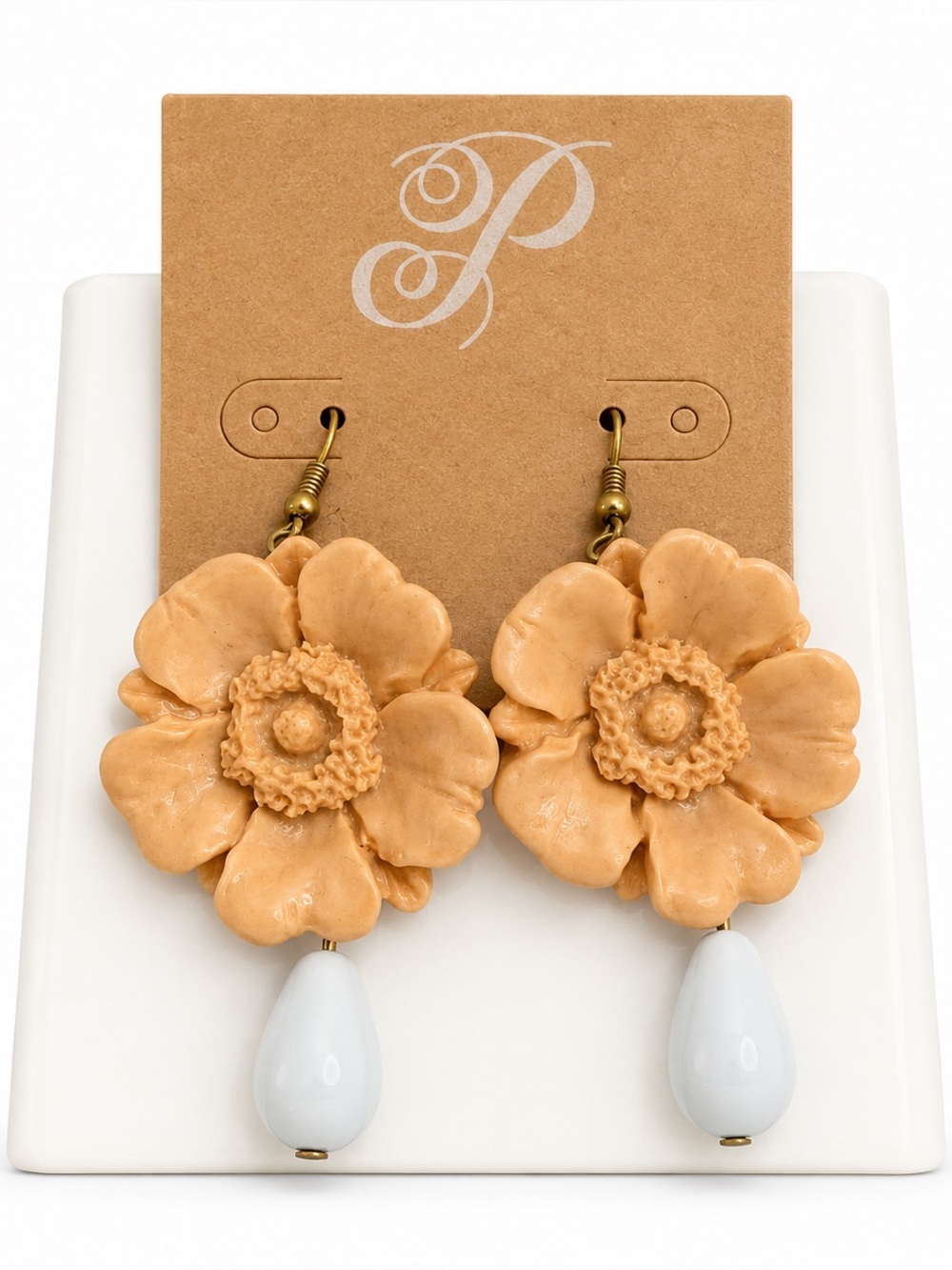 Peach Floral & Gold Leaf Drop Earrings with White Teardrop Accent NEW Plunder